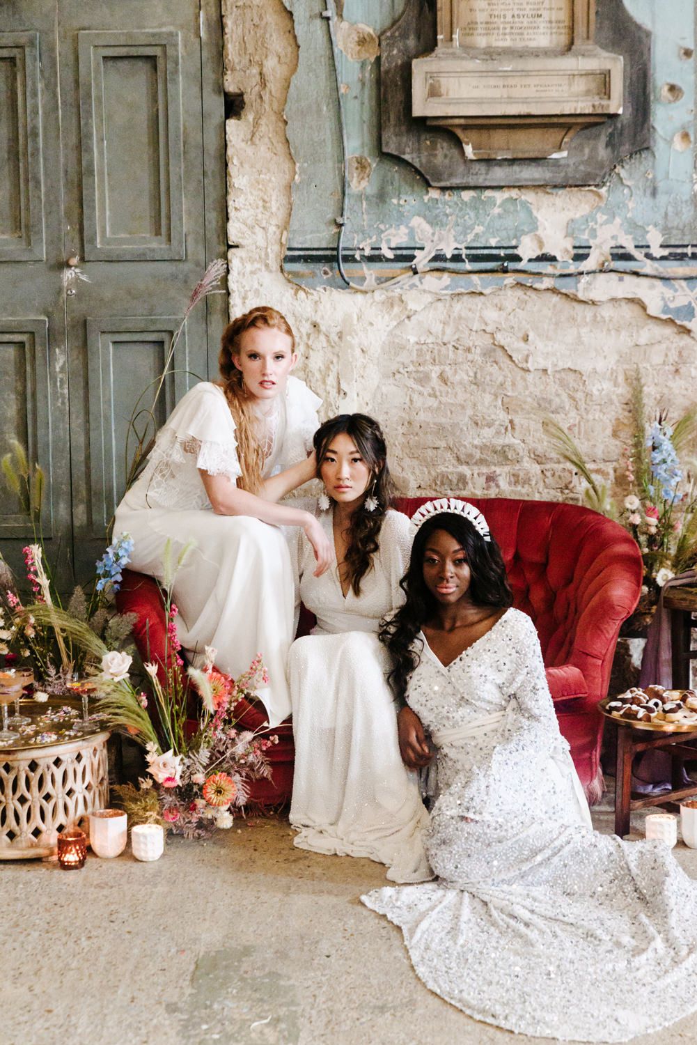 Casual Wedding Dresses at The Asylum Chapel with Bright Flowers